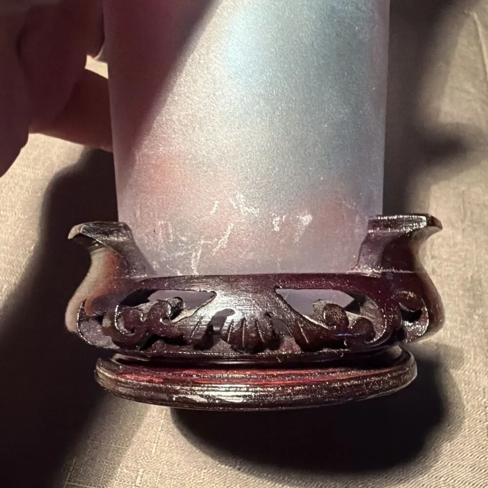 Vintage Irradescent Stretch Art Glass Vase- Hand Blown - Carved Wood Bottom 8.5”